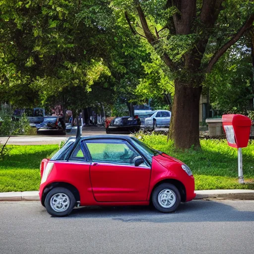 Image similar to a ((tiny)) car next to a mailbox