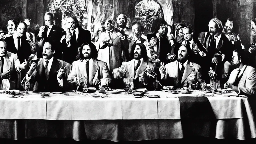 Prompt: the last supper enacted in the godfather movie, jesus wearing suit in the middle next to marlon brando