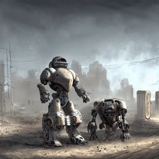 Prompt: two robots in power armor fleeing in a sand covered street, horrible smoke monster made of bones, post apocalypse, ruined subdivision houses, Sci Fi, intricate, elegant, highly detailed, digital painting, artstation, concept art, matte, sharp focus, illustration, art by Isaac Asimov