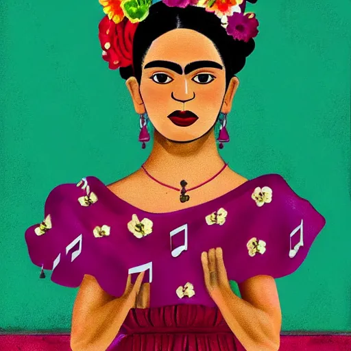 Image similar to latin dance band in the style of frida kahlo. lively. colorful. hd.