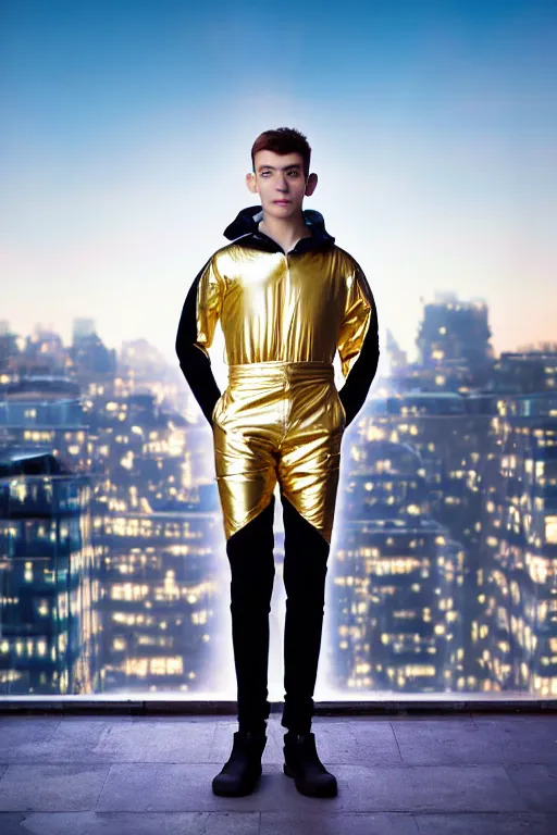 Image similar to un ultra high definition studio quality photographic art portrait of a young man standing on the rooftop of a british apartment building wearing soft baggy inflatable padded iridescent pearlescent clothing. three point light. extremely detailed. golden ratio, ray tracing, volumetric light, shallow depth of field. set dressed.