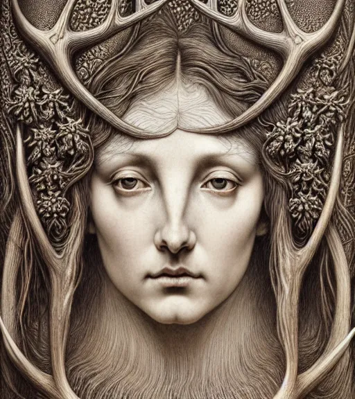 Prompt: detailed realistic beautiful antler goddess face portrait by jean delville, gustave dore, iris van herpen and marco mazzoni, art forms of nature by ernst haeckel, art nouveau, symbolist, visionary, gothic, neo - gothic, pre - raphaelite, fractal lace, intricate alien botanicals, biodiversity, surreality, hyperdetailed ultrasharp octane render