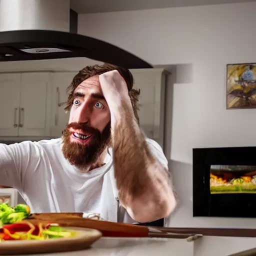 Image similar to picture of asmongold watching tv while cooking a meal, good lighted photo, sharp details, detailed, hd, hdr