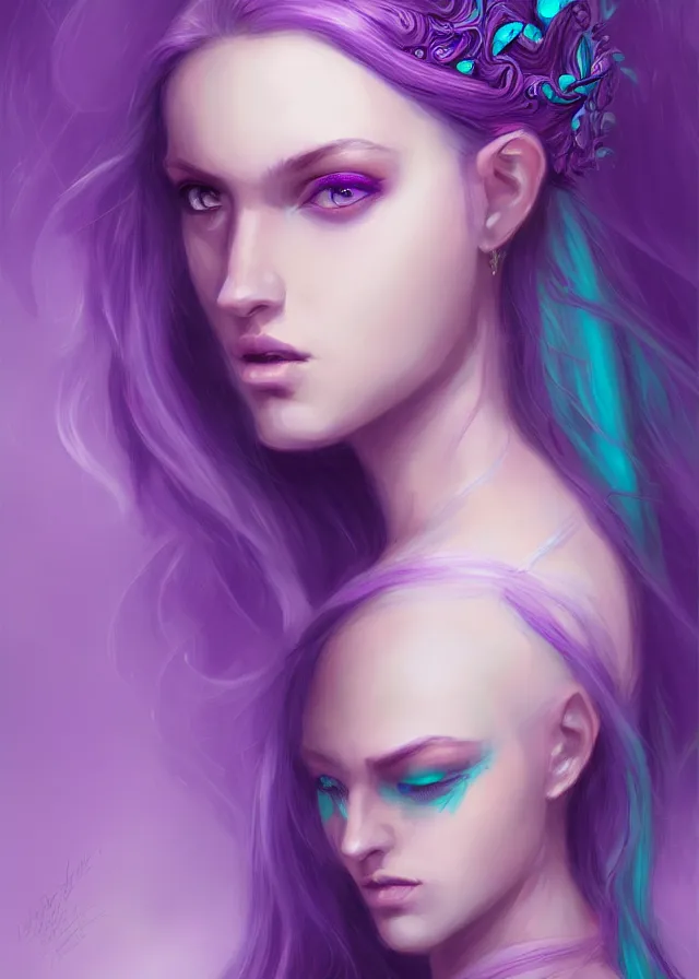 Image similar to fae teenage girl, portrait, face, long turquoise hair, purple highlights, fantasy, intricate, elegant, highly detailed, digital painting, concept art, smooth