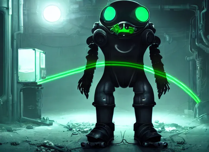 Image similar to anthropomorphic cyber penguin in fallout 4, glowing green eyes, claws, horror scene, artgerm, rutkowski, tooth wu, beeple, and intricate