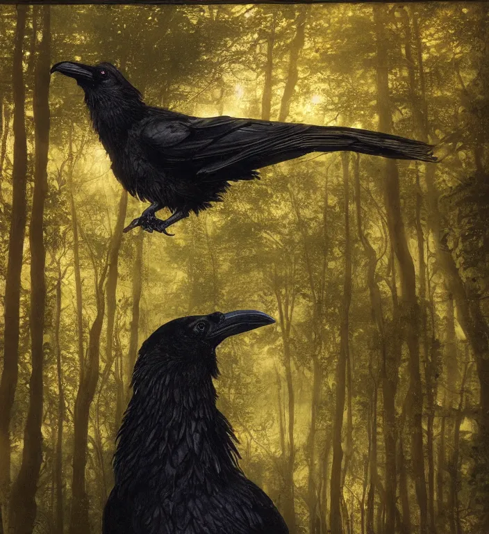 Image similar to a breathtakingly stunningly pre raphaelite beautifully highly detailed extreme close up animal portrait of a majestic raven, in an forest smokey water reflections, framed, by rosetti and devinci and michael cheval and sidney cooper and turner, 4 k