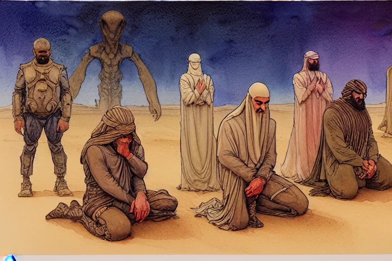 Prompt: a hyperrealist watercolour character concept art portrait of a group of middle eastern men kneeling down in prayer in front of a giant alien on a misty night in the desert. by rebecca guay, michael kaluta, charles vess and jean moebius giraud