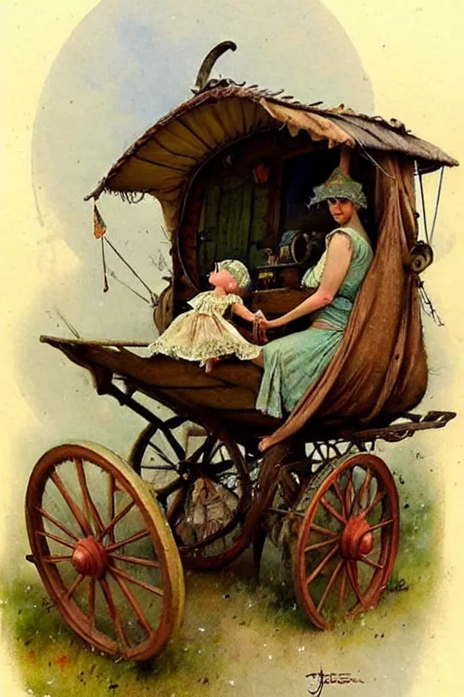 Image similar to (((((1950s fairy tale gypsy wagon . muted colors.))))) by Jean-Baptiste Monge !!!!!!!!!!!!!!!!!!!!!!!!!!!