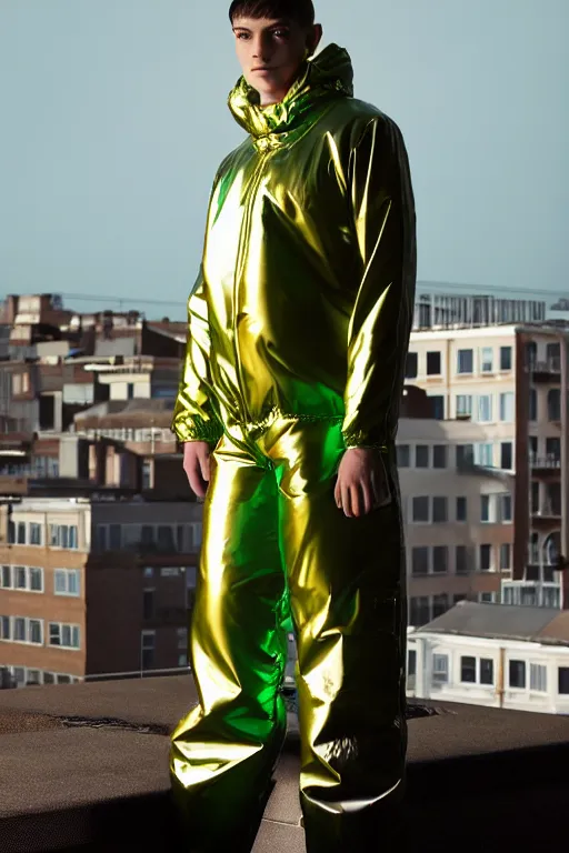 Prompt: un ultra high definition studio quality photographic art portrait of a young man standing on the rooftop of a british apartment building wearing opaque soft inflatable padded iridescent refractive utility clothing. three point light. extremely detailed. golden ratio, ray tracing, volumetric light, shallow depth of field. set dressed.