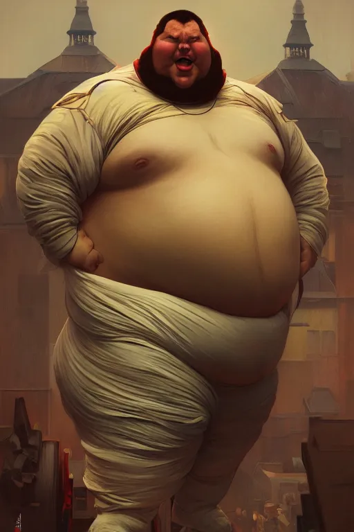 Prompt: an overweight man as a human cannonball, realistic painting, symmetrical, highly detailed, digital painting, artstation, concept art, smooth, sharp focus, illustration, cinematic lighting, art by artgerm and greg rutkowski and alphonse mucha