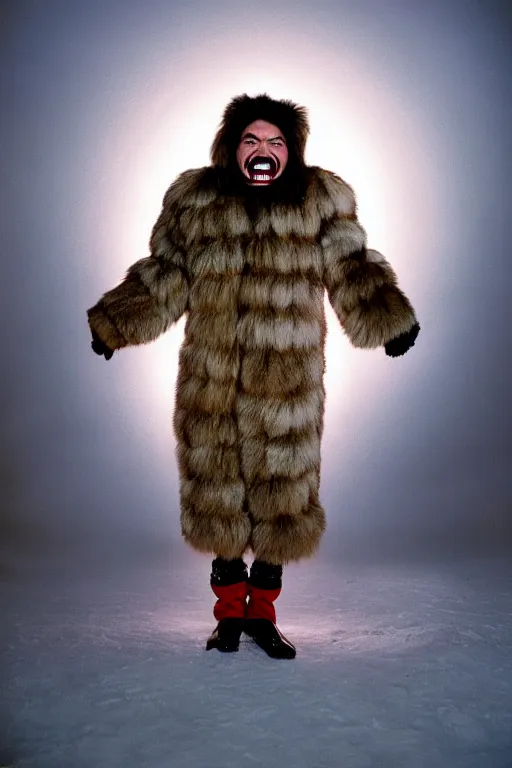 Prompt: 1 8 mm f 1 6 wide shot full body portrait photography of a crazy man wearing fur mittens who looks like a mix of lou diamond phillips and jack black wearing a retro alien invasion movie costume from the 1 9 6 0 s, photo by gregory crewdson