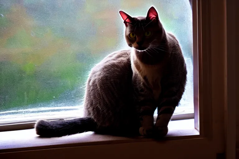 Image similar to cat sitting on the windowsill wrapped in a plaid plaid, Mushroom cloud far behind