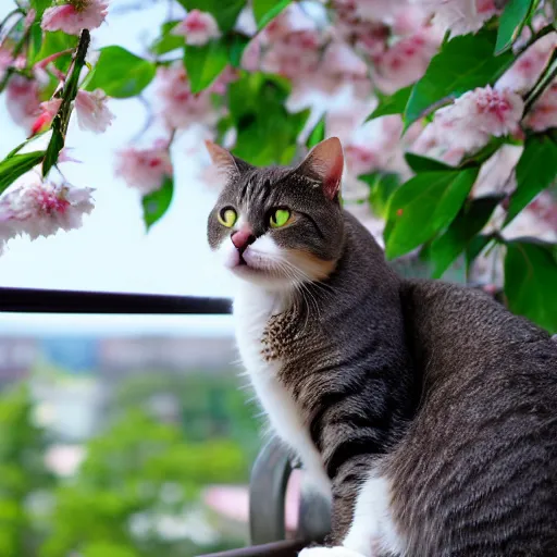 Image similar to cat on top of a balcony, viewing many cherry blossom trees from below, anime