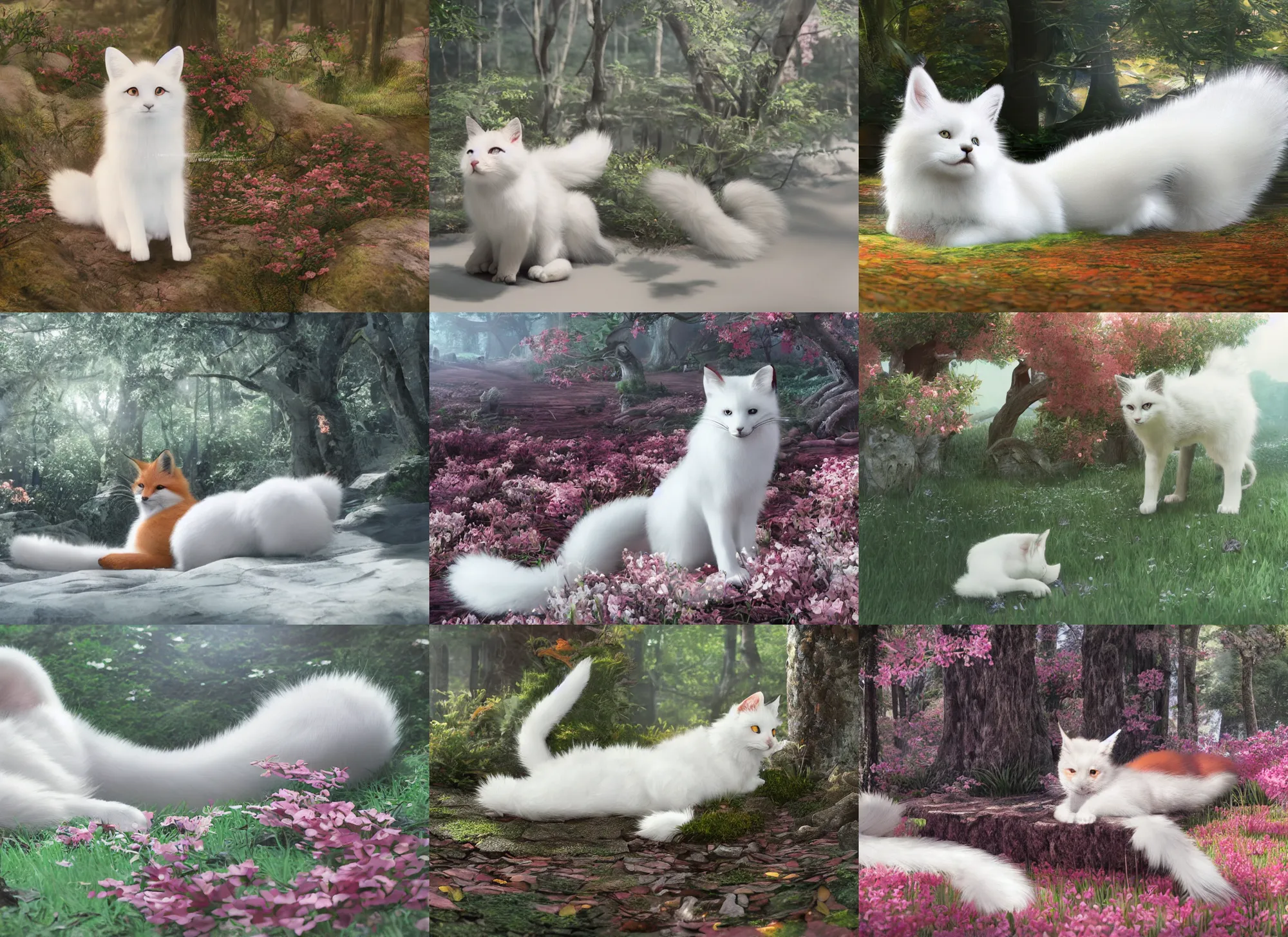 Prompt: white cat with fluffy red tail like fox tail lying at sakura forest, high detailed, hyper realistic, octane engine, anime illustration, ray tracing