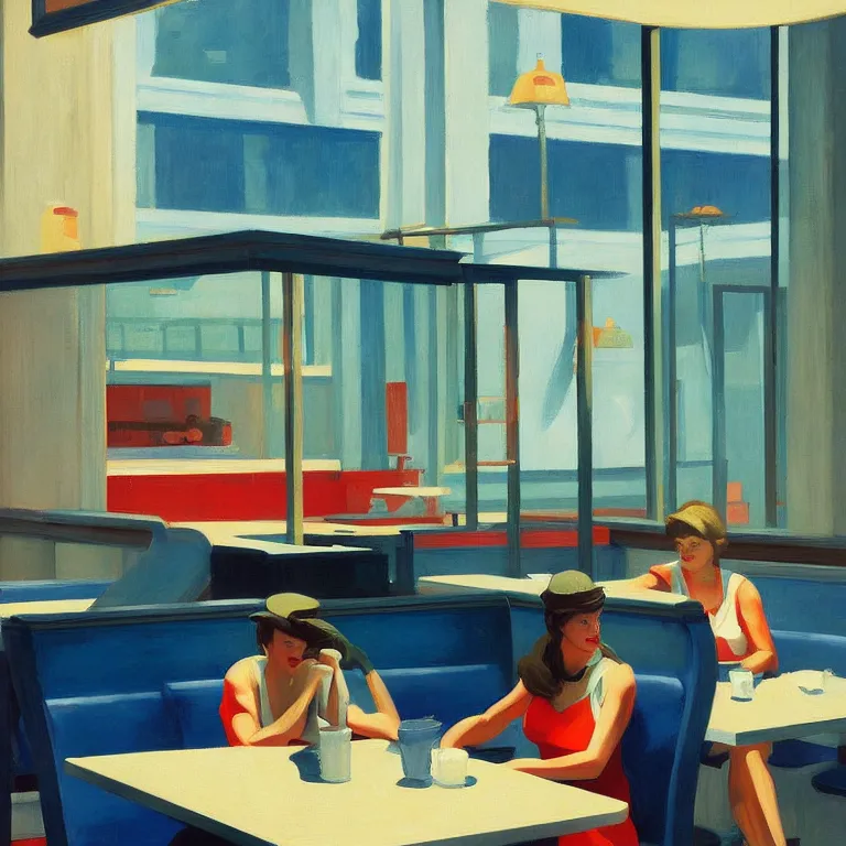 Image similar to inside a diner, painted by Edward Hopper, painted by James Gilleard, airbrush