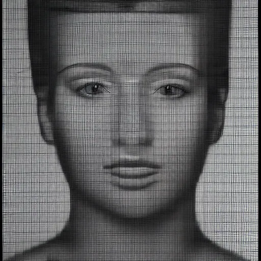 Prompt: portrait of a human with a dignified, symmetrical and beautiful face made out of mesh, taken with medium format mamiya camera 1/8f