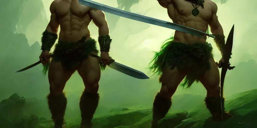 Prompt: a blonde haired muscular barbarian with a sword and a green tiger, cinematic, volumetric moody lighting, highly detailed, digital painting, artstation, concept art, matte, sharp focus, illustration, art by artgerm and greg rutkowski and alphonse mucha