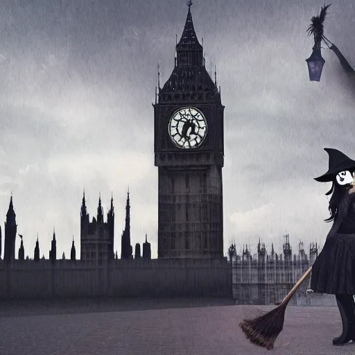 Prompt: A witch wearing a hat riding her broom near the Big Ben,gloomy lighting,creepy atmosphere,photo , highly detailed , high contrast, beautiful lighting, award winning ,u trending on art station, 8k, photo realistic