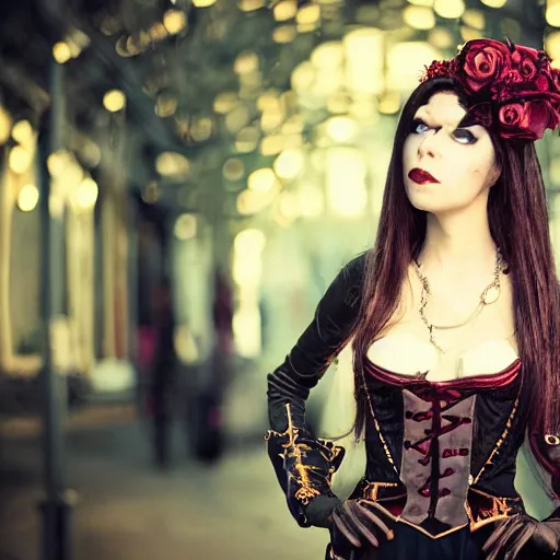 Image similar to A beautiful portrait of a lady vampire, steampunk, photography, 35mm, depth of field, bokeh, soft light, cinematic, steve mccurry