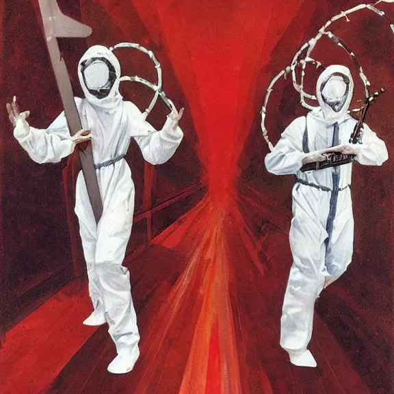 Prompt: two scientists wearing red and silver hazmat suits carrying guitar and keytar, entering the geometric rainbow crystal dimensional gateway by frank frazetta
