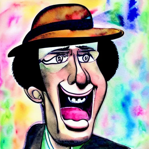 Prompt: portrait of inspector gadget manically laughing, it is evening, the mood of the picture is dark and menacing, rubbing alcohol watercolor ,hyper detailed, hyper realistic, by Botticelli