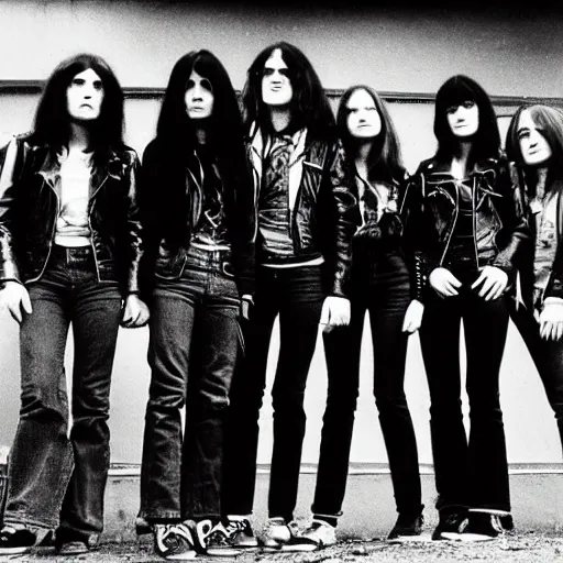 Image similar to group of 1 9 - year - old girls wearing black leather jackets and denim jeans, long wavy hair, as a giant blob mashed together like a transporter accident with arms and legs protruding at unnatural angles, proto - metal band promo, band promo, hard rock band, 1 9 7 0 photograph