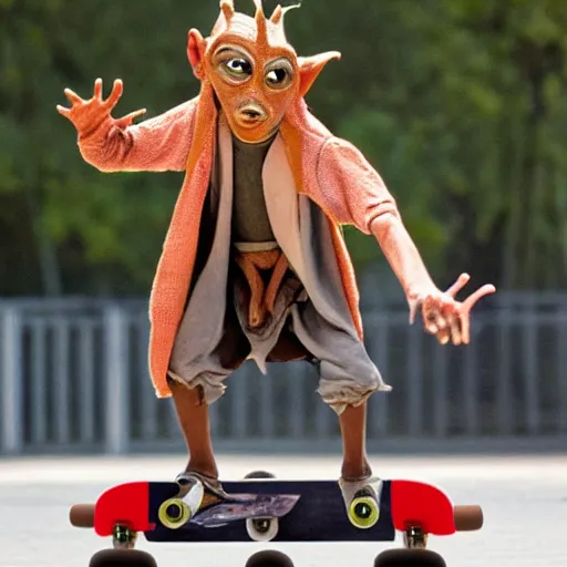 Image similar to jar jar binks on a skateboard