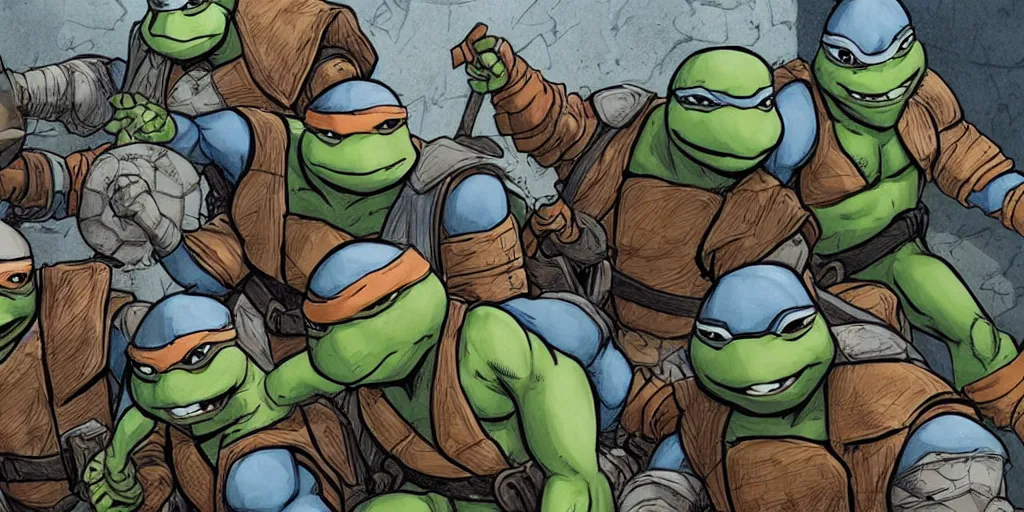 Image similar to medieval teenage mutant ninja turtles comics trending on artstation