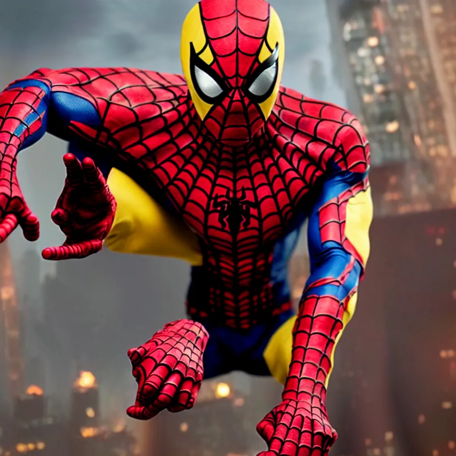 Image similar to red and yellow, dark fantasy spiderman outfit, large eyes, white webbing, movie still from the avengers