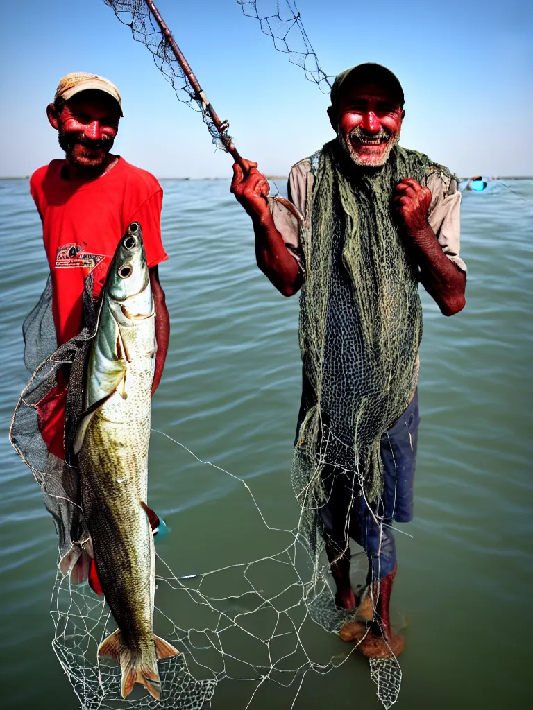 Image similar to an imperfect journalistic portrait of a fisherman, after he has caught a tokomak in his net. he grins proudly, baring his gargantuan razor sharp teeth like blades of a professional food processor