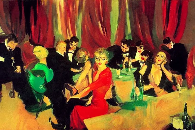 Prompt: glam rockers drinking brutal wine, inside a green room with red lights by joaquin sorolla, syd mead, extremely detailed