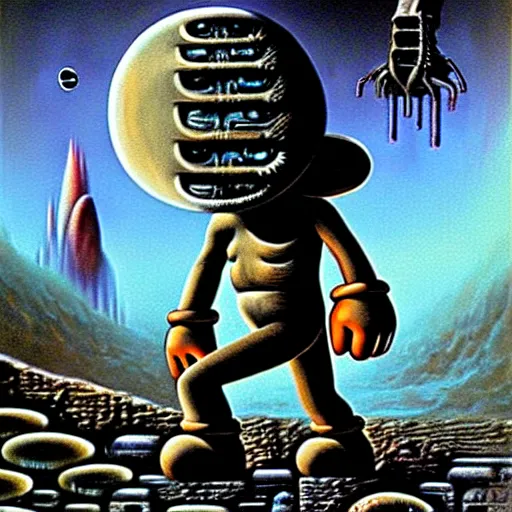 Prompt: old mario walking on an alien planet, painting by h. r. giger