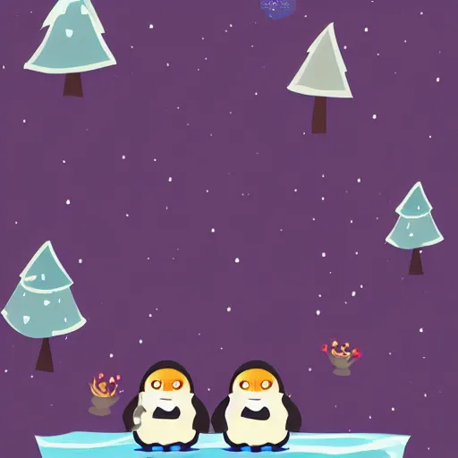 Image similar to two happy cute chibi penguins sitting around a campfire near a cave entrance to a mountain, there is a forest of trees in the background and a small frozen lake in the distance, trending on artstation, 3d digital artwork, cinematic lighting, 4K, very full detail, vector, amazing artwork, trending on Behance award-winning art, kawaii