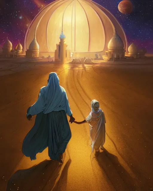 Image similar to bedouin man and woman and child in galaxy walking towards mosque surrounded by nebula, highly detailed, gold filigree, romantic storybook fantasy, soft cinematic lighting, award, disney concept art watercolor illustration by mandy jurgens and alphonse mucha and alena aenami, pastel color palette, featured on artstation