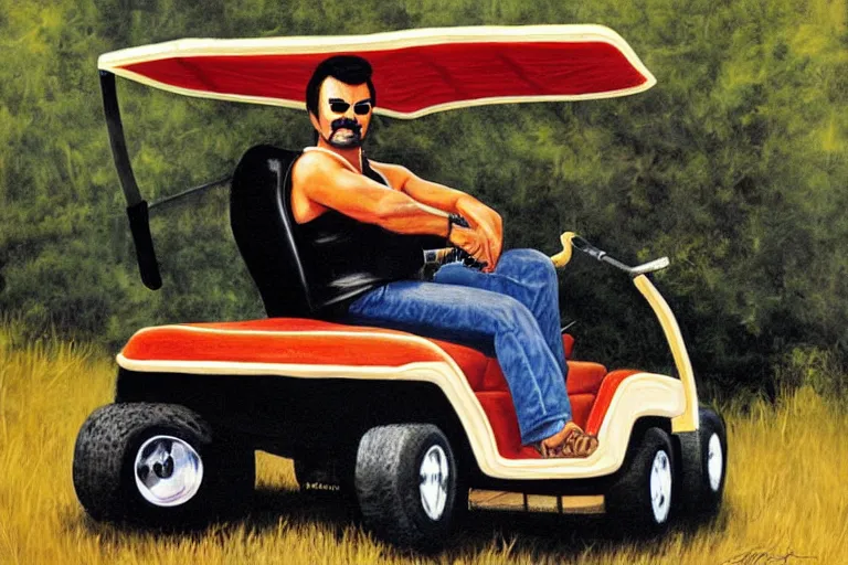 Prompt: black velvet painting of burt reynolds from smokey and the bandit driving a golf cart