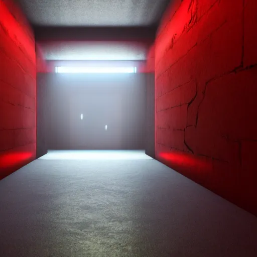 Prompt: a bunker door surrounded by red lights, 3d render, unreal engine style, ray tracing, high detail