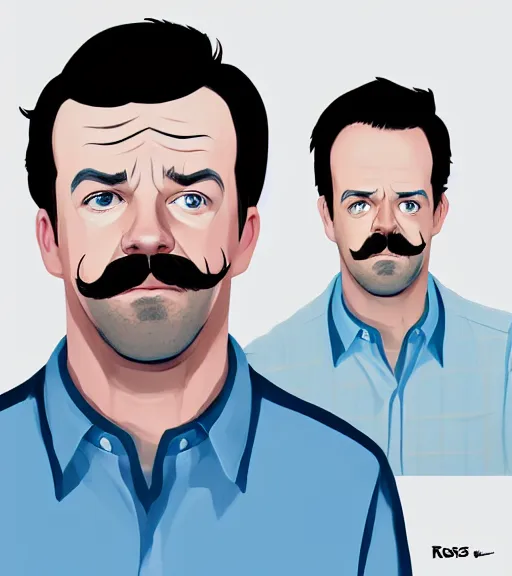 Prompt: face icon stylized minimalist jason sudeikis with mustache wearing blue shirt white color, loftis, cory behance hd by jesper ejsing, by rhads, makoto shinkai and lois van baarle, ilya kuvshinov, rossdraws global illumination