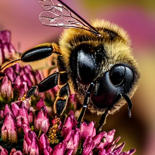 Image similar to a close up of a bee on a flower, a macro photograph by christopher williams, shutterstock contest winner, naturalism, macro photography, photo taken with nikon d 7 5 0, macro lens