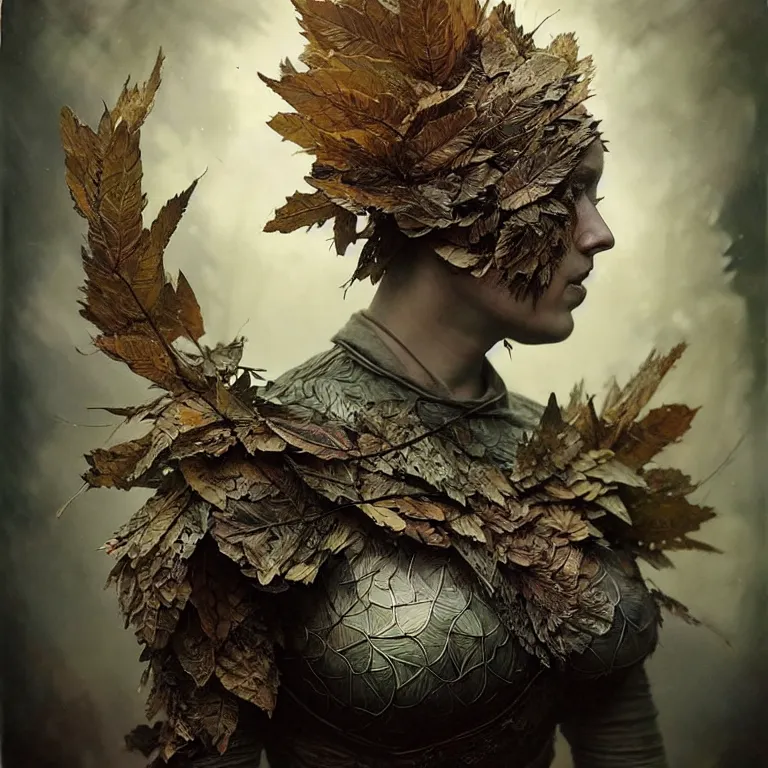 Prompt: old tintype photo of a wonderful realistic armour made of leaves, dramatic light, dystopian environment, intricate, elegant, highly detailed, centered headdress, no face, artstation, concept art, sharp focus, artgerm, tomasz alen kopera, peter mohrbacher, donato giancola, joseph christian leyendecker, wlop, boris vallejo