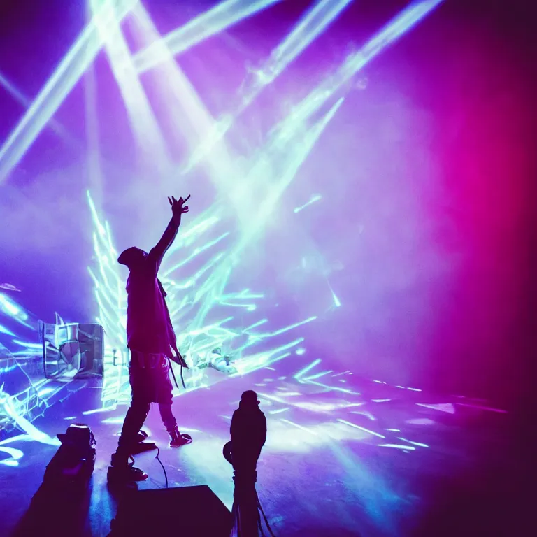 Prompt: rapper performing with microphone, epic pose, profile view, silhouetted, distinct figure, psychedelic hip-hop, laser light show, fog, beams of light