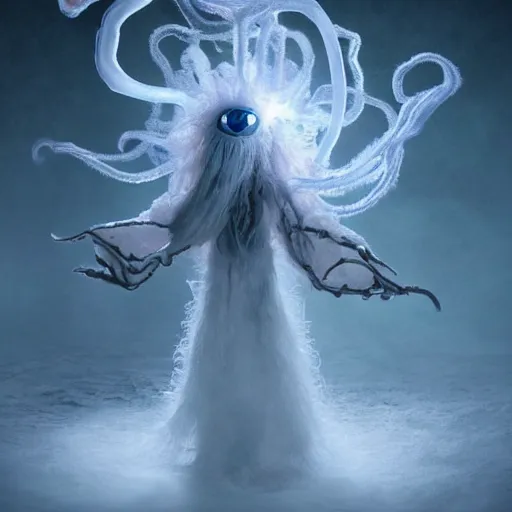 Prompt: an ethereal lovely fluffy ghost like live action muppet wraith like figure with a squid like parasite latched onto its head and four long tentacles for arms that flow gracefully at its sides like a cloak while it floats around a frozen rocky tundra in the snow searching for lost souls and that hides amongst the shadows in the trees, this character has hydrokinesis and electrokinesis is a real muppet by sesame street, photo realistic, real, realistic, felt, stopmotion, photography, sesame street