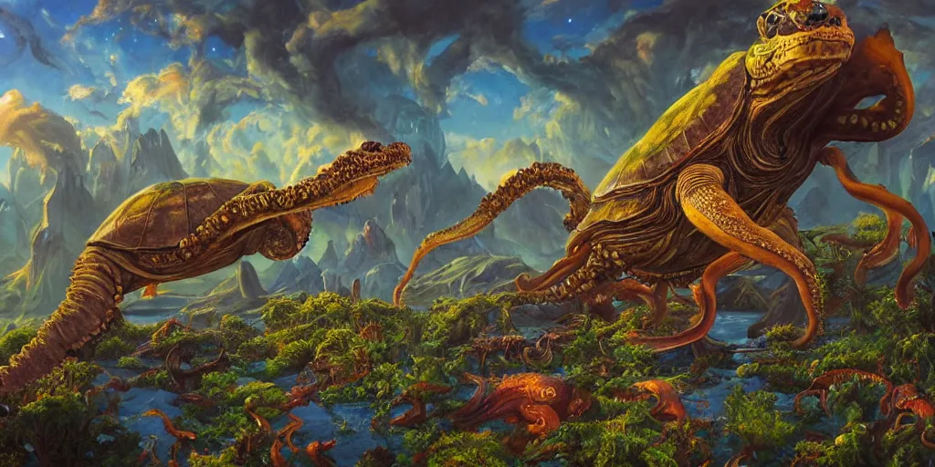 Image similar to fantasy oil painting, great leviathan, cybernetic turtle cephalopod terrapin reptilian pachyderm squid, bella hadid, hybrid, milla jovovich, anubis, epic natural light, lush plants flowers, spectacular mountains, bright clouds, luminous sky, outer worlds, golden hour, michael cheval, edward hopper, michael whelan, vray, hd