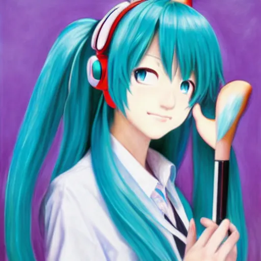 Image similar to hatsune miku using computer, smug face, painting by by ralph grady james, jean christian biville