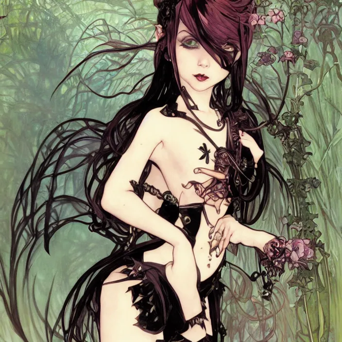 Image similar to little gothic girl, full body, spikes, latex, rubber, rococo, anime aesthetic, chibi, digital painting, sharp focus, concept art, fantasy, by james gurney, by alphonse mucha, by yoshitaka amano, by annie leibovitz