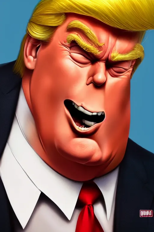 Image similar to trump as mr. incredible from the incredibles, hyper realistic, highly detailed, digital painting, trending on artstation, concept art, sharp focus, illustration, art by artgerm and greg rutkowski and fuji choko and viktoria gavrilenko and hoang lap