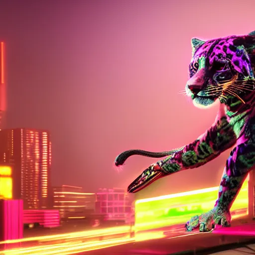 Image similar to a neon cyberpunk cyborg jaguar animal, octane render