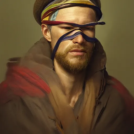 Image similar to portrait of a blindfolded man wearing a multicolored cloak and a wide brimmed straw hat, detailed face, highly detailed, cinematic lighting, digital art painting by greg rutkowski