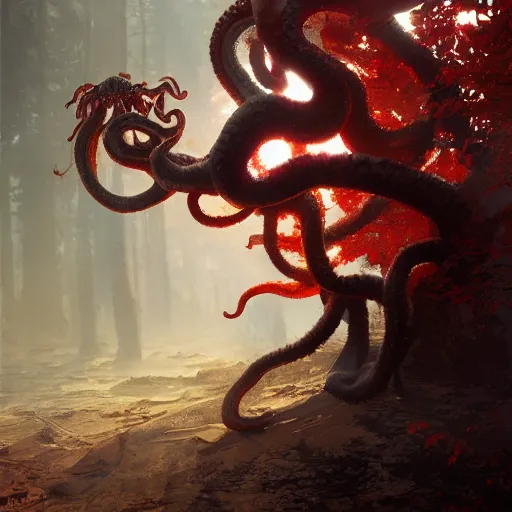 Prompt: Forest Octopus under the red sun of Akkaroth, before the final culling, trending on artstation, high detail, masterpiece, in the style of Ruan Jia, Norman Rockwell, Sparth