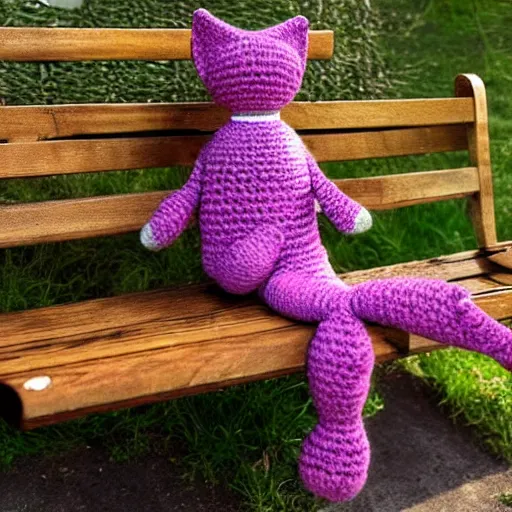 Prompt: A crocheted cat on a park bench, handmade, natural lighting, photography style, extremely detailed, trending on Pinterest