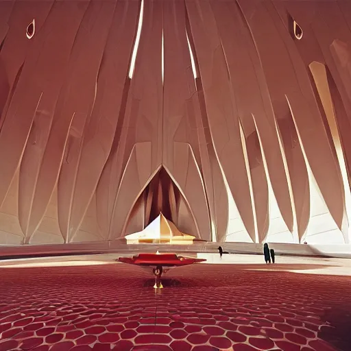 Image similar to interior of a futuristic lotus temple with gold, red and white marble panels, in the desert, by buckminster fuller and syd mead, intricate contemporary architecture, photo journalism, photography, cinematic, national geographic photoshoot